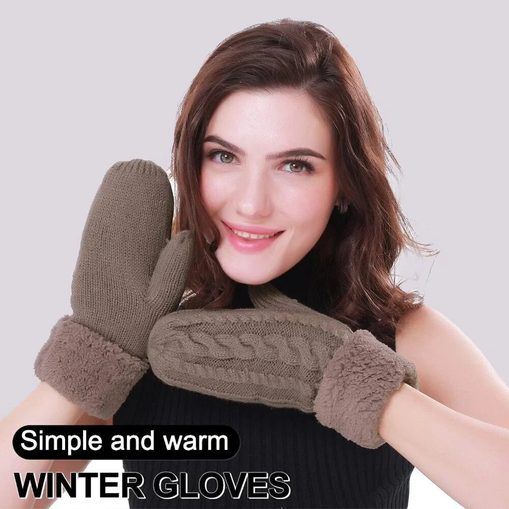 Women's Brown Winter Warm Imported Fleece Lining Cozy Wool Knit Thick Gloves